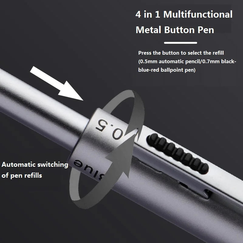 4 In 1 Multifunction Luxury Pen, 0.7mm 3 Color Ballpoint 0.5mm