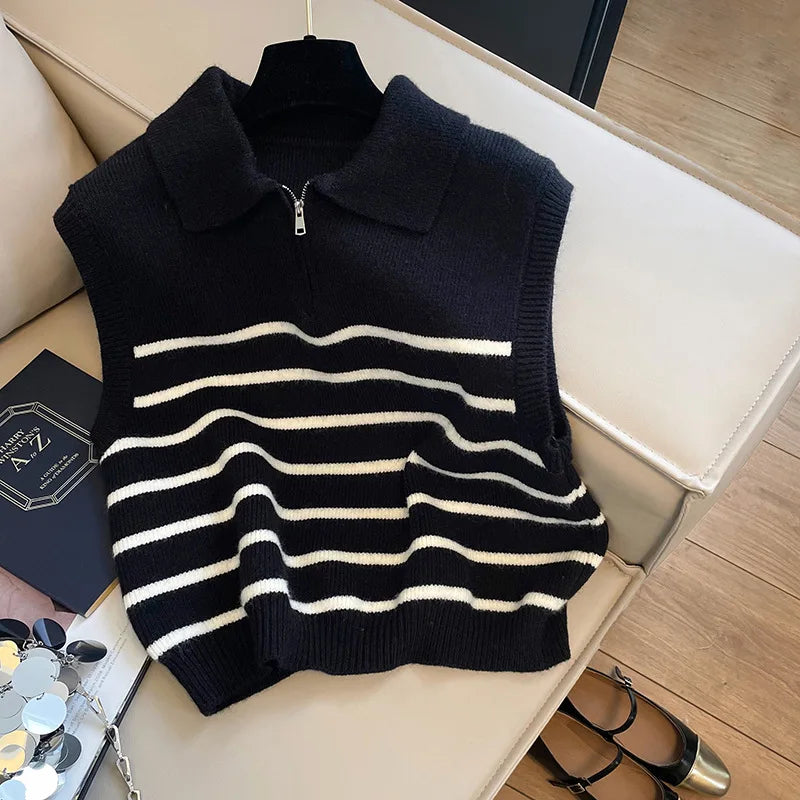 Retro lapel zipper stripe knitted waistcoat women Autumn Winter Korean