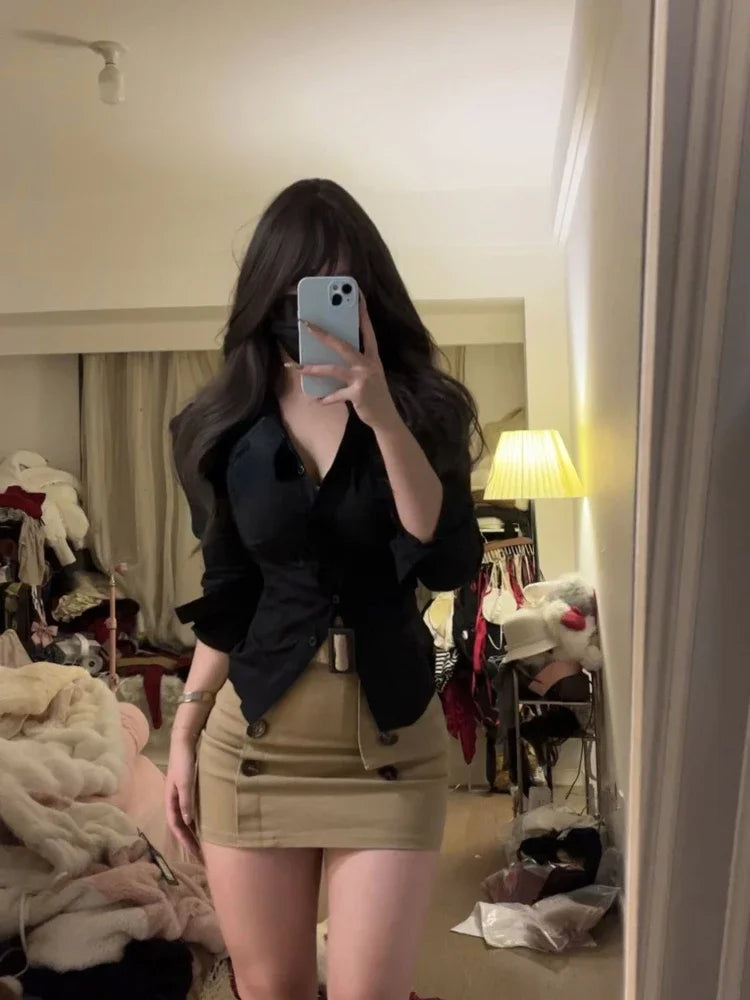 Office Lady Skirt Sets Women Casual Slim White Shirt + Outwear Bodycon