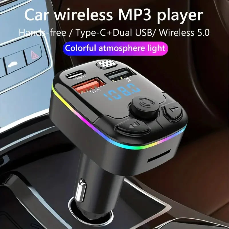 1pc Bluetooth 5.0 Car FM Transmitter PD Type-C Dual USB Ambient Player