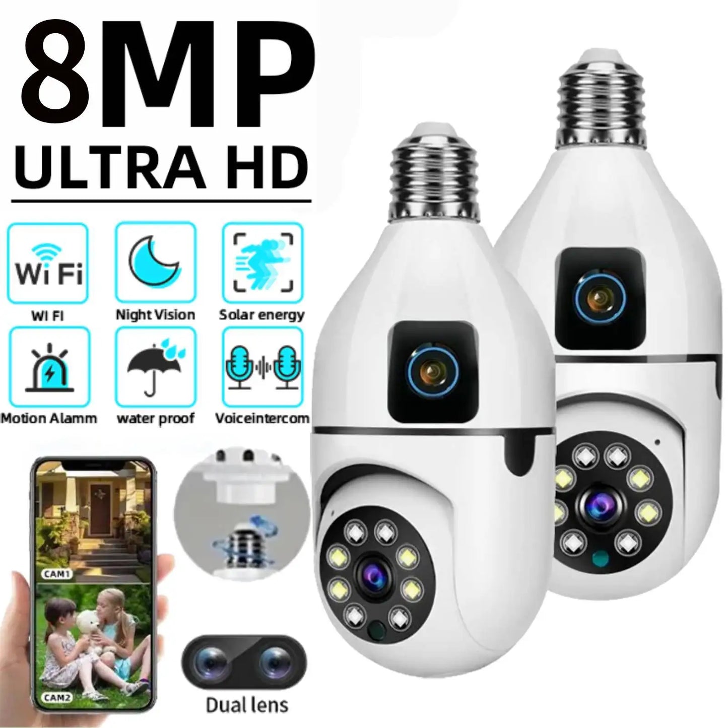 4K 8MP E27 Bulb WIFI Camera Dual Lens Color Night Vision Human