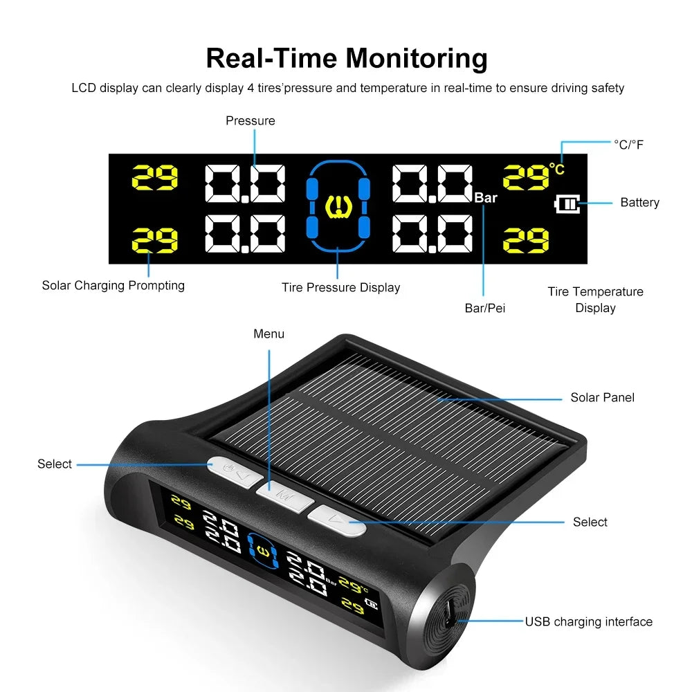 Intelligent TPMS Solar Tyre Pressure Monitoring System Parking Sensors