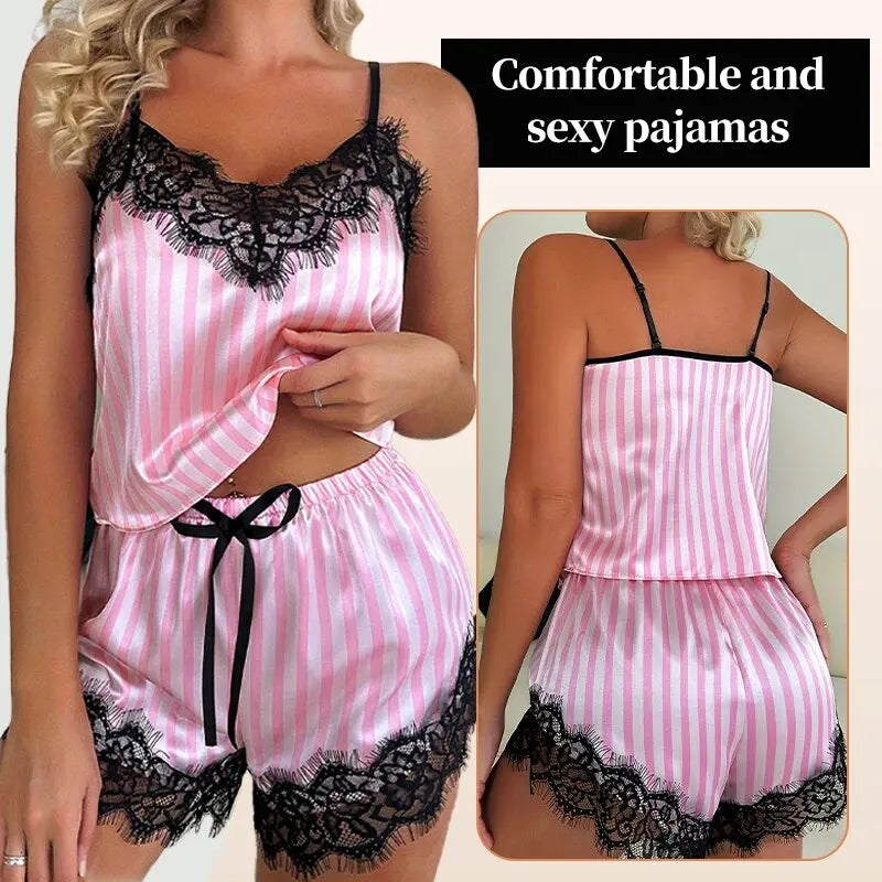 Two Piece Women's V-Neck Sexy Lace Suspender Pajama Shorts Set Casual