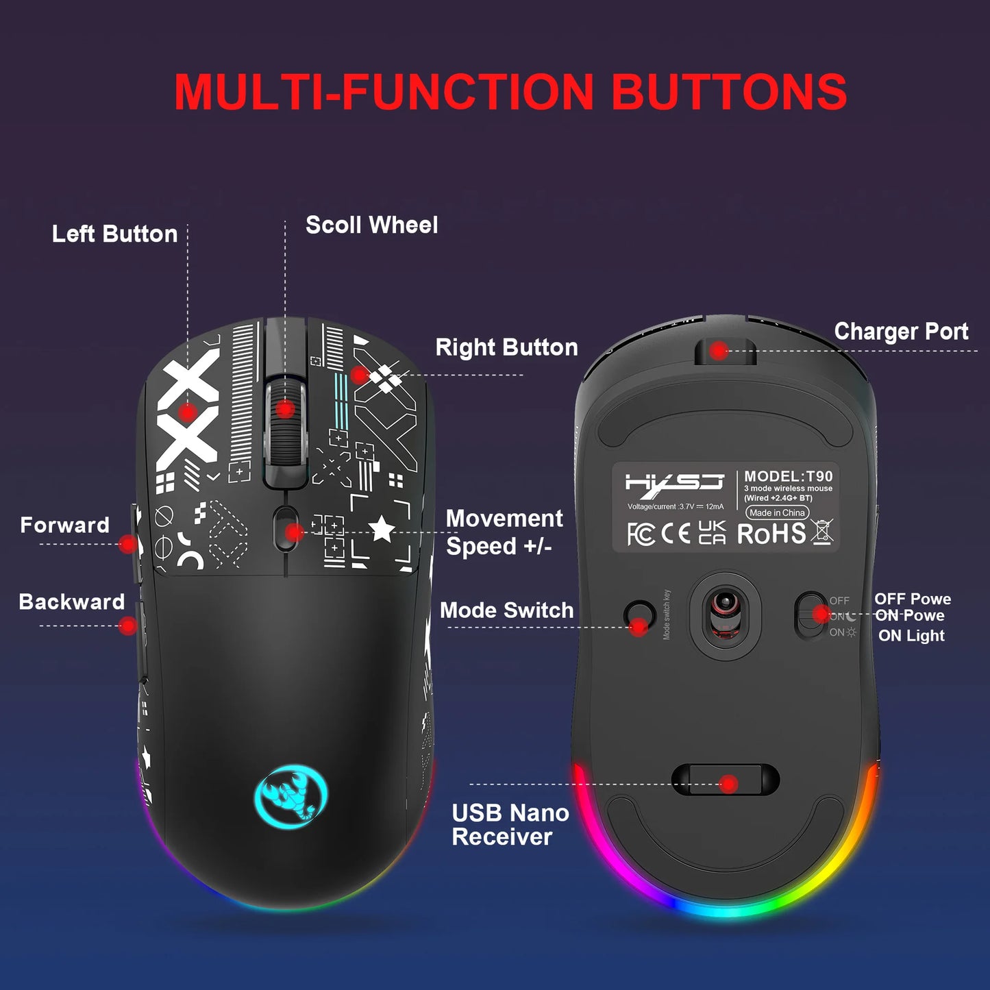 3 Modes Bluetooth Gaming Mouse Rechargeable 2.4G USB Wireless RGB