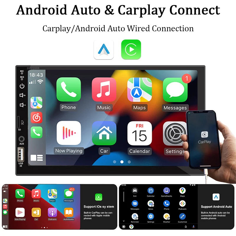 7“ Car Radio 1 Din Carplay Android Auto Multimedia Player HD Touch