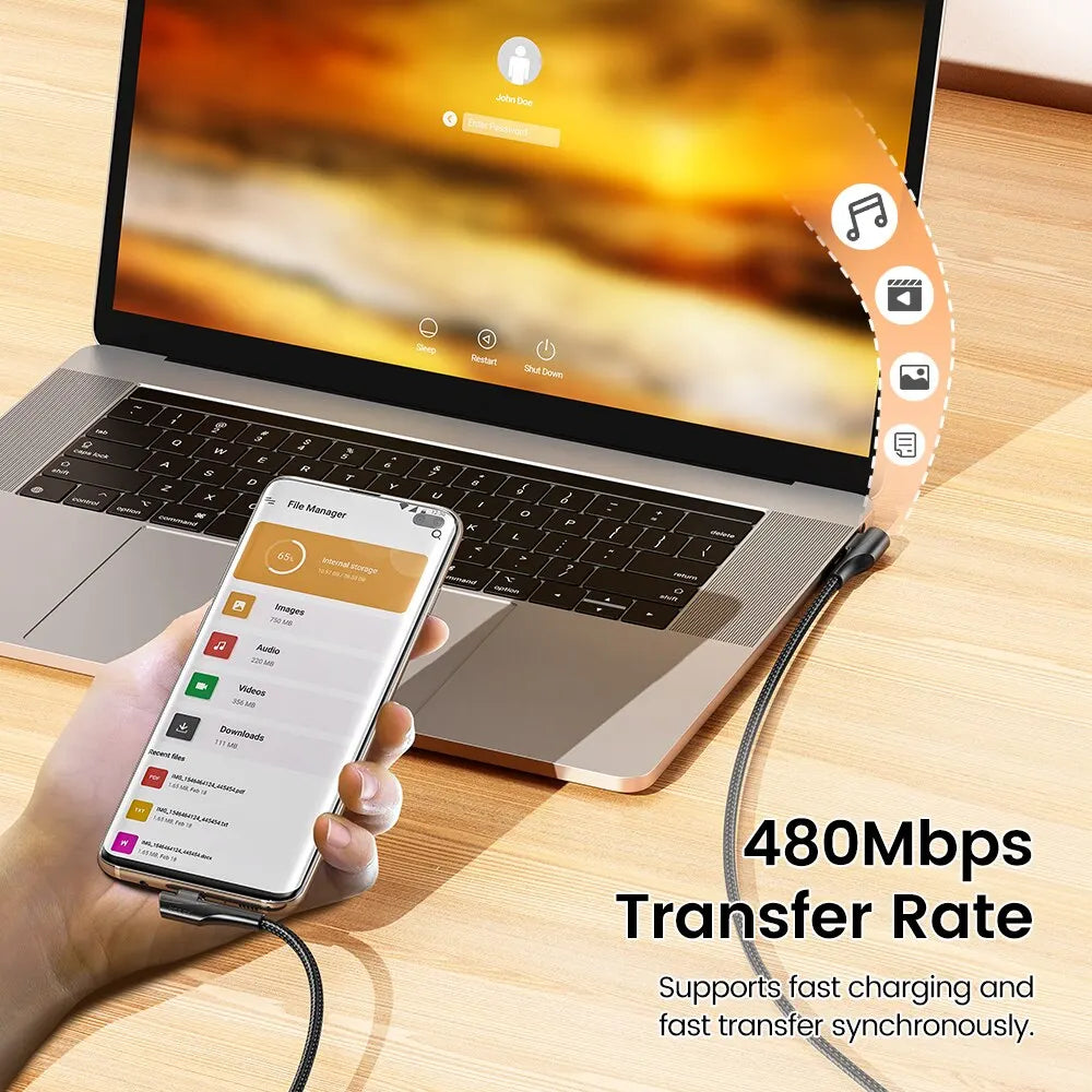 Toocki 3A USB Cable Quick Charge 3.0 Fast Charging Cable Type C 90