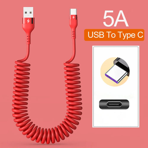 66W Fast Charging Spring Pull Telescopic 5A USB-A Typec Data Cable