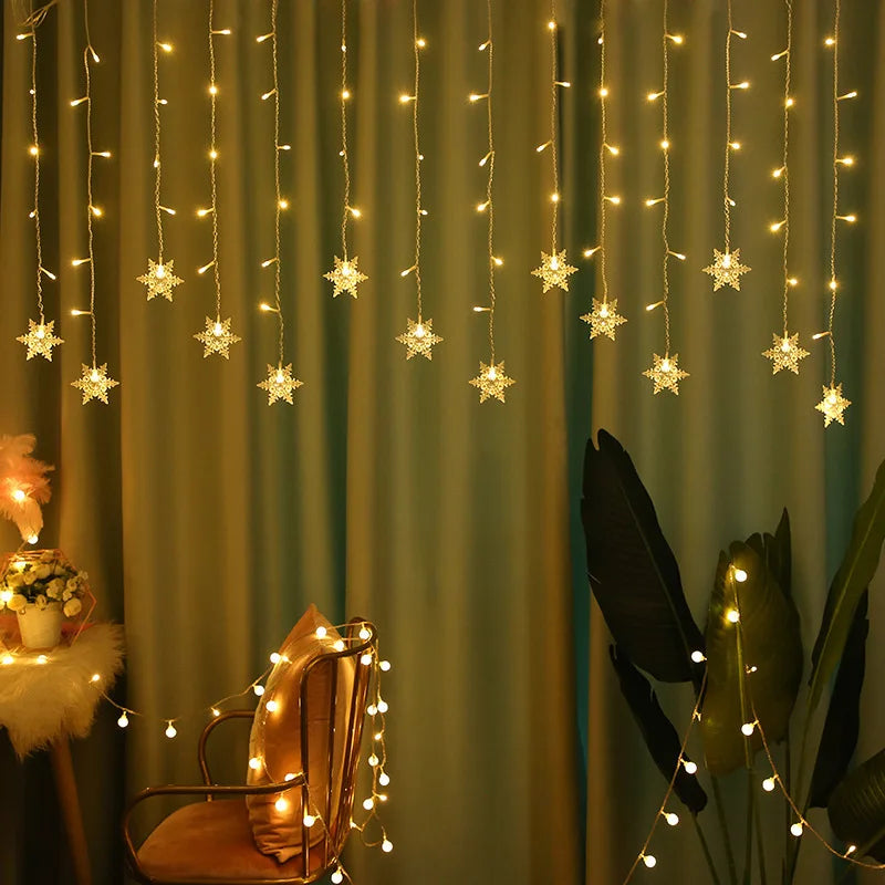 Christmas Snowflakes LED String Lights Flashing Fairy Curtain Lights