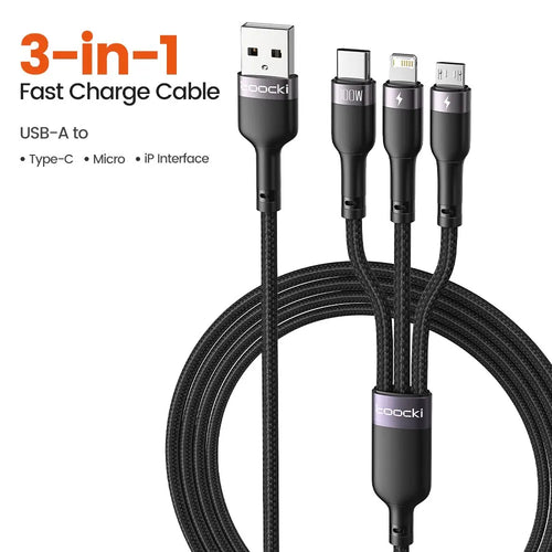 Toocki 3 in 1 USB Cable 6A 100W Micro USB Type C Charging Cable For
