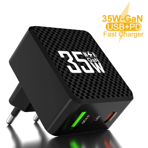 2 Ports Mini 35W GaN USB Type C Charger QC3.0 Portable Fast Charging