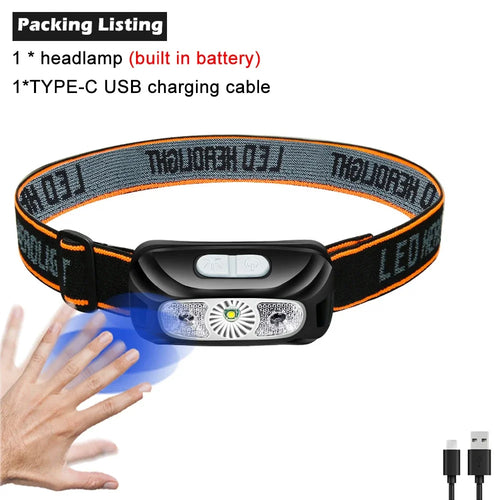 LED Sensor Headlamp Built-in Battery USB Rechargeable Head Flashlight