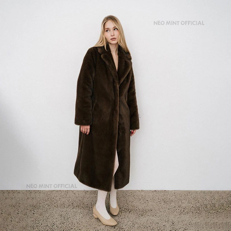 Neo Mint 2024 Winter Luxury Faux Mink Fur Coat Women Iconic Brand Long