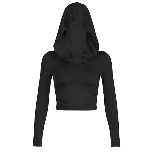 CIBBAR Solid Folds Hooded Crop Top Women Grunge y2k Full Sleeve Skinny