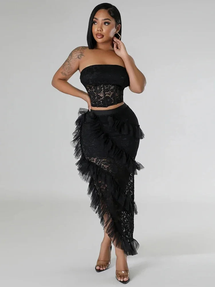 Sexy Two 2 Piece Sets Night Club Outfits for Women White Lace See