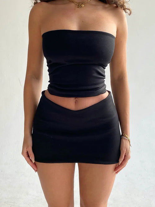 Hugcitar Solid Sleeveless Folds Tube Crop Top Skirts 2 Piece Matching