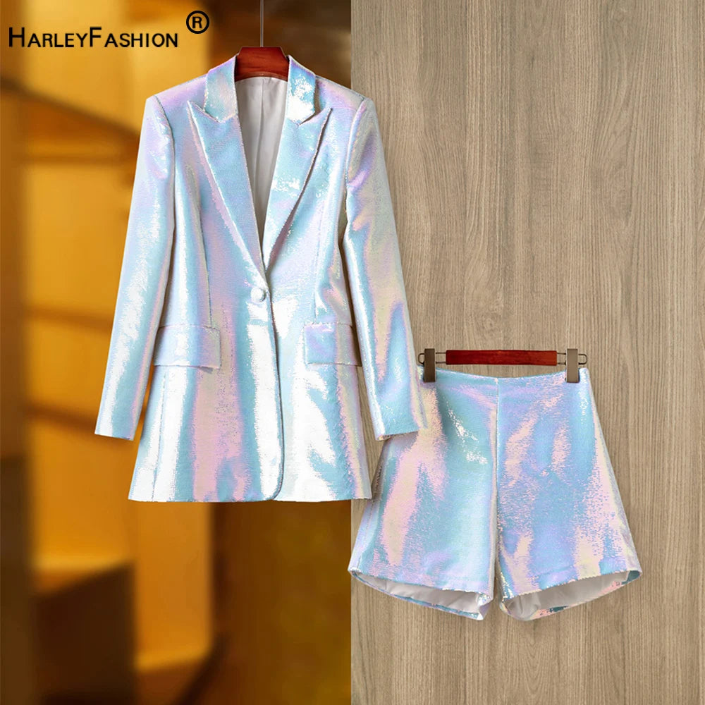 Party Evening Design Shining Bling 2PCS White Blazer Shorts Suits