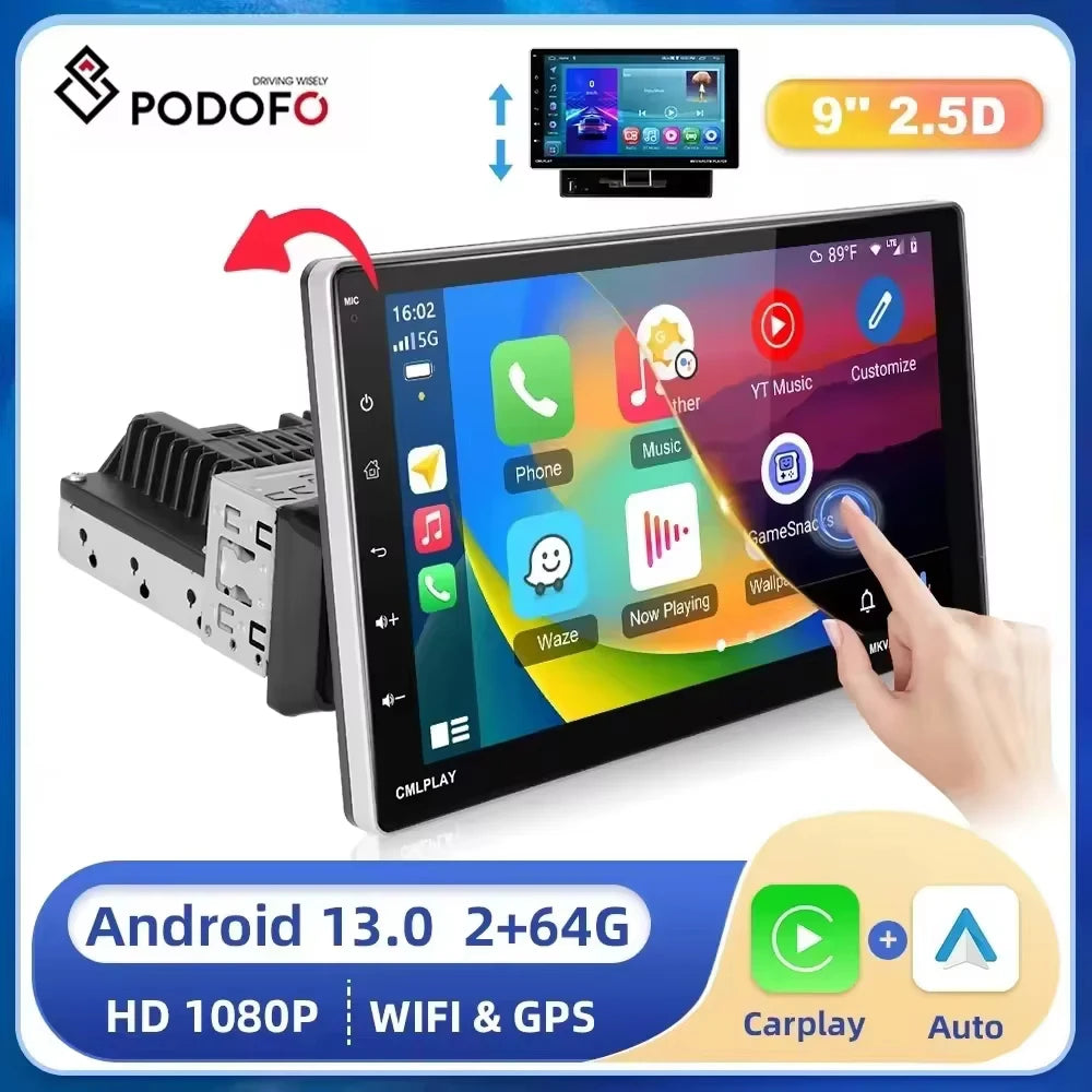 Podofo Car Stereo Radio 9'' 1din Android 13 Carplay Android auto Car