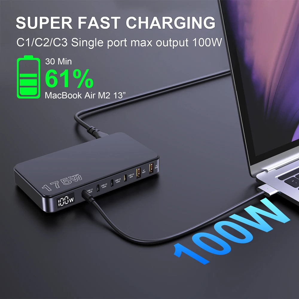 Ueetop 175W GaN USB C Charger LED Display 6-Port Desktop Charger Type