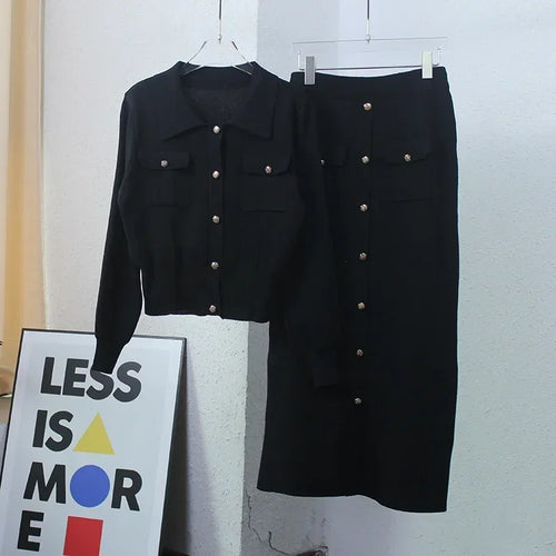 2024 Autumn Winter Elegant Knit Blazer Skirt Set Women Black White