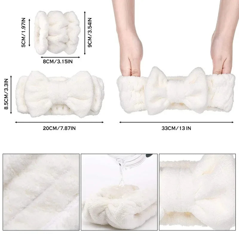 3Pcs Bow Headband Wristband Set Towel Elastic Soft Washing Face Shower