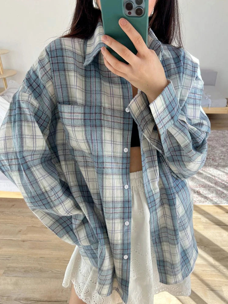 Mumaroho 2024 Women Autumn Winter Long Sleeve Blue Plaid Shirt Vintage