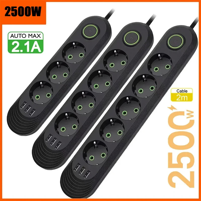 2500W EU Plug AC Outlet Multiprise Power Strip 2M Extension Cord