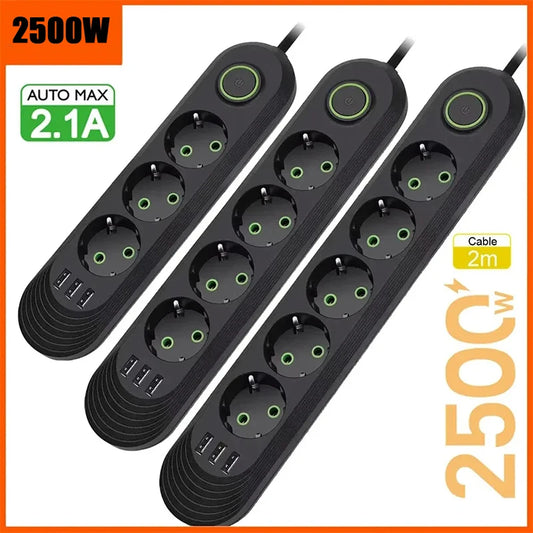 2500W EU Plug AC Outlet Multiprise Power Strip 2M Extension Cord