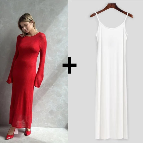 Spring Autumn O-Neck Elastic Knit Long Dresses Women 2024 Elegant Chic