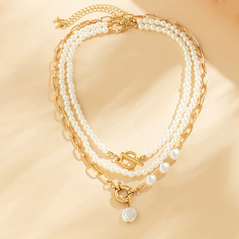 Elegant Pearl Multi-layer Necklace Minimalism Beads Gold Color Choker