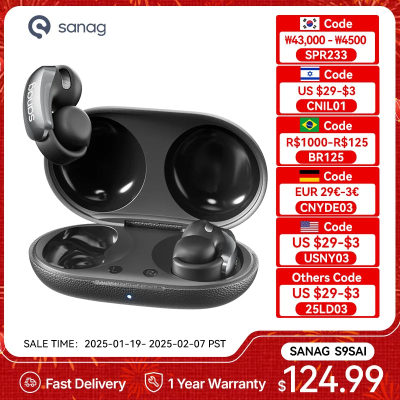 Sanag S9S AI Wireless Earphone OWS Ear Clip Headset Bluetooth 5.4 AI
