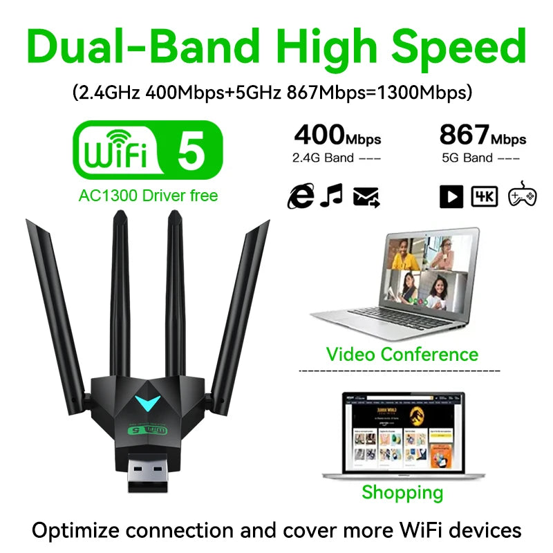 Dual Band 1300Mbps WiFi USB Adapter 2.4G/5Ghz Wi-Fi Dongle USB3.0