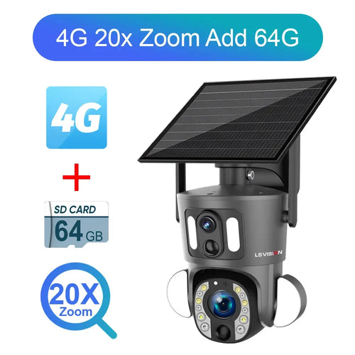 LS VISION 8MP 20X Optical Zoom Dual Screen 4G Sim Solar Camera 4K WiFi