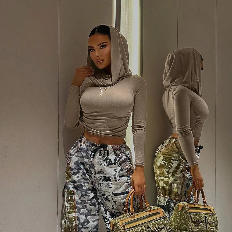 CIBBAR Solid Folds Hooded Crop Top Women Grunge y2k Full Sleeve Skinny