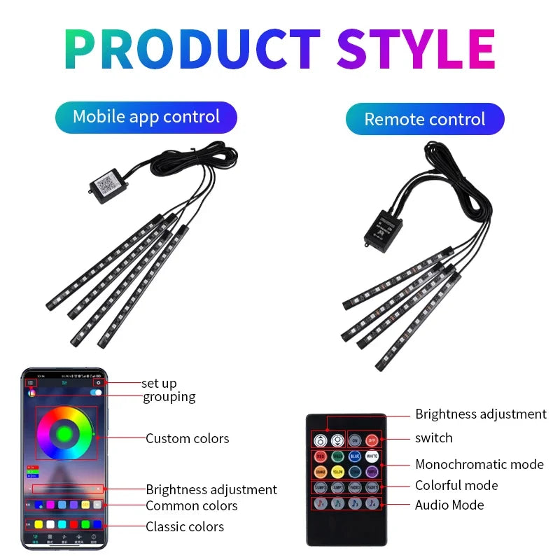 Neon LED Car Interior Ambient Foot Strip Light Kit Accessories RGB