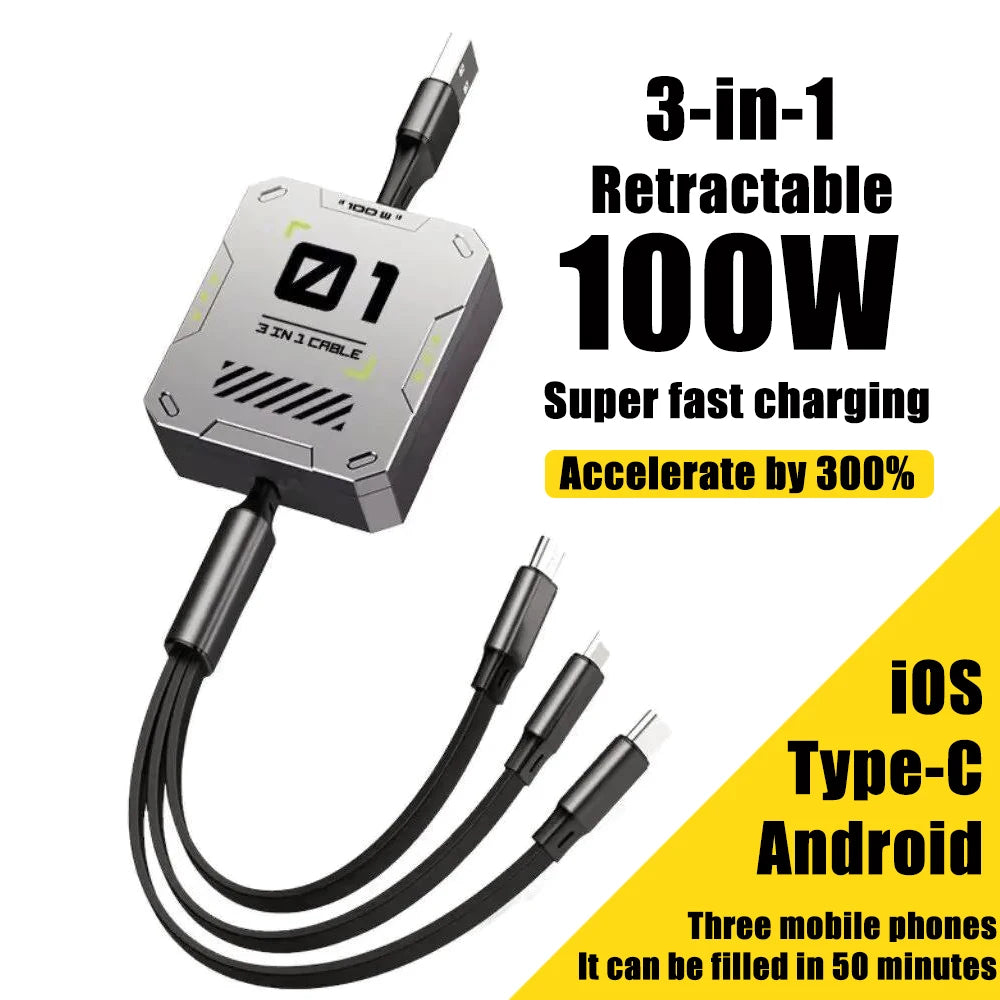 Retractable USB Cable 100W Fast Charging 3 In 1 USB to Type