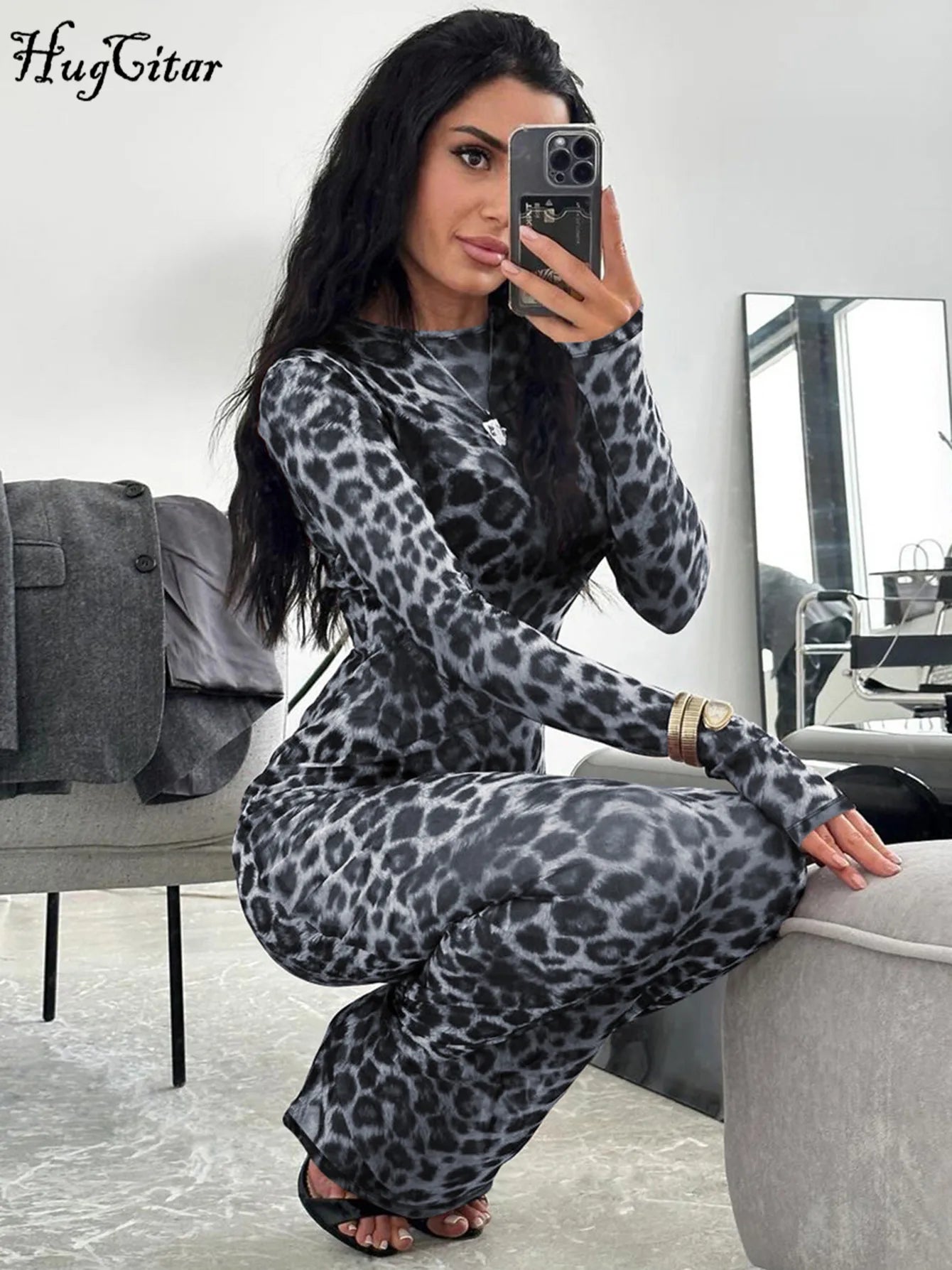 Hugcitar 2024 Leopard Print Mesh Long Sleeve Sexy Slim  See Through