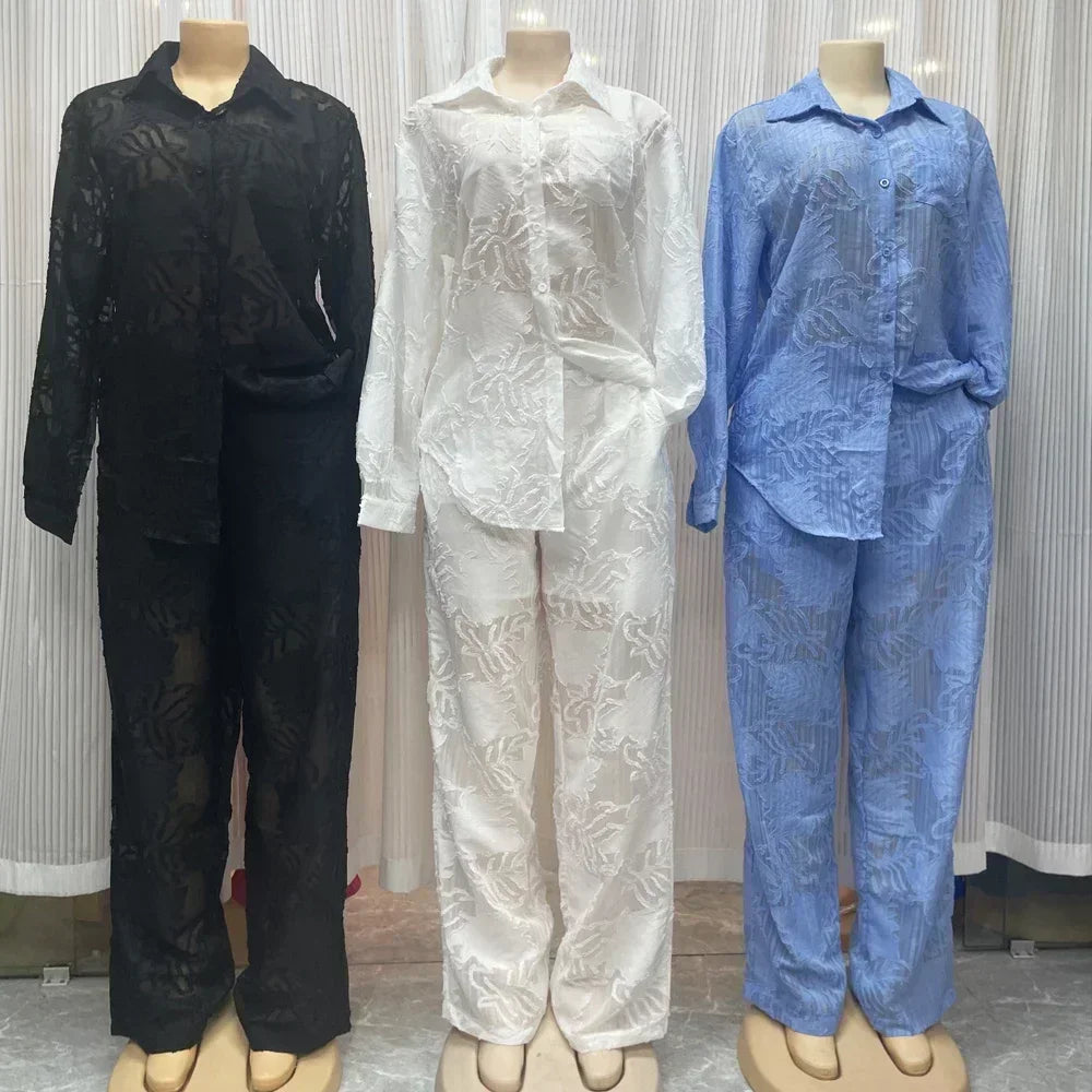 Pant Sets Woman 2 Pieces Suits Female Clothing Casual Shirt Loose Wide