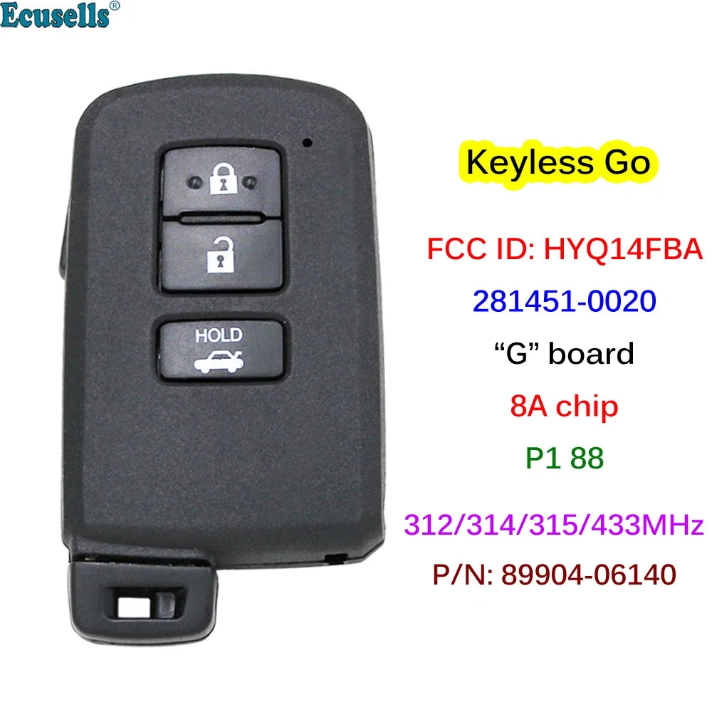3 Button Smart Prox Remote Key Fob 312/314.3/433MHz 8A Chip for Toyota