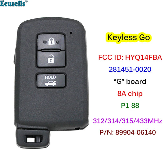 3 Button Smart Prox Remote Key Fob 312/314.3/433MHz 8A Chip for Toyota
