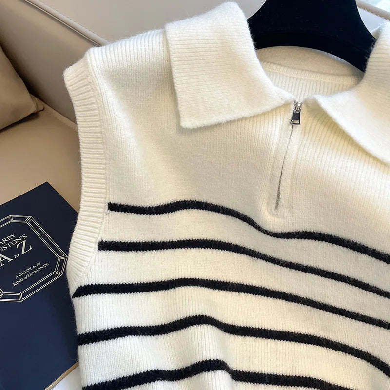 Retro lapel zipper stripe knitted waistcoat women Autumn Winter Korean