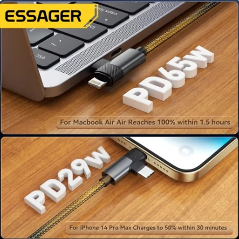 Essager 2 in 1 USB Type C Cable 65W PD Fast Charging Wire Type C To