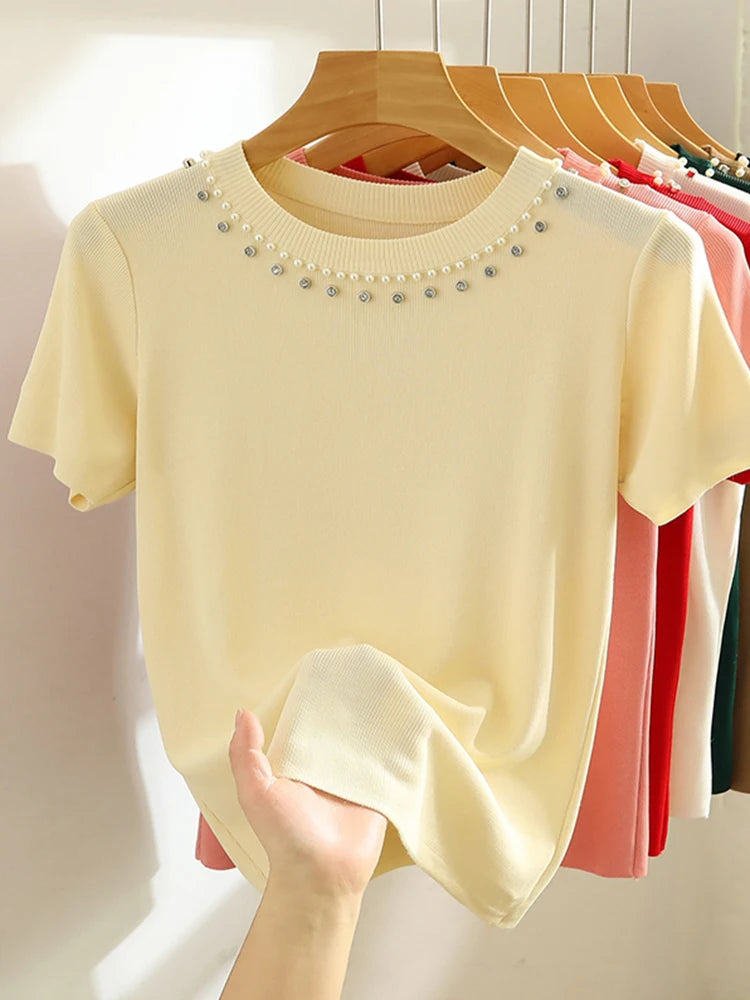 2024 Korea Knitted T-shirt Women Top Solid Tank Y2K Summer New Fashion