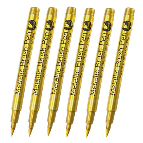 6Pcs Brush Metallic Paint Marker Pens Gold Silver Color Permanent Art