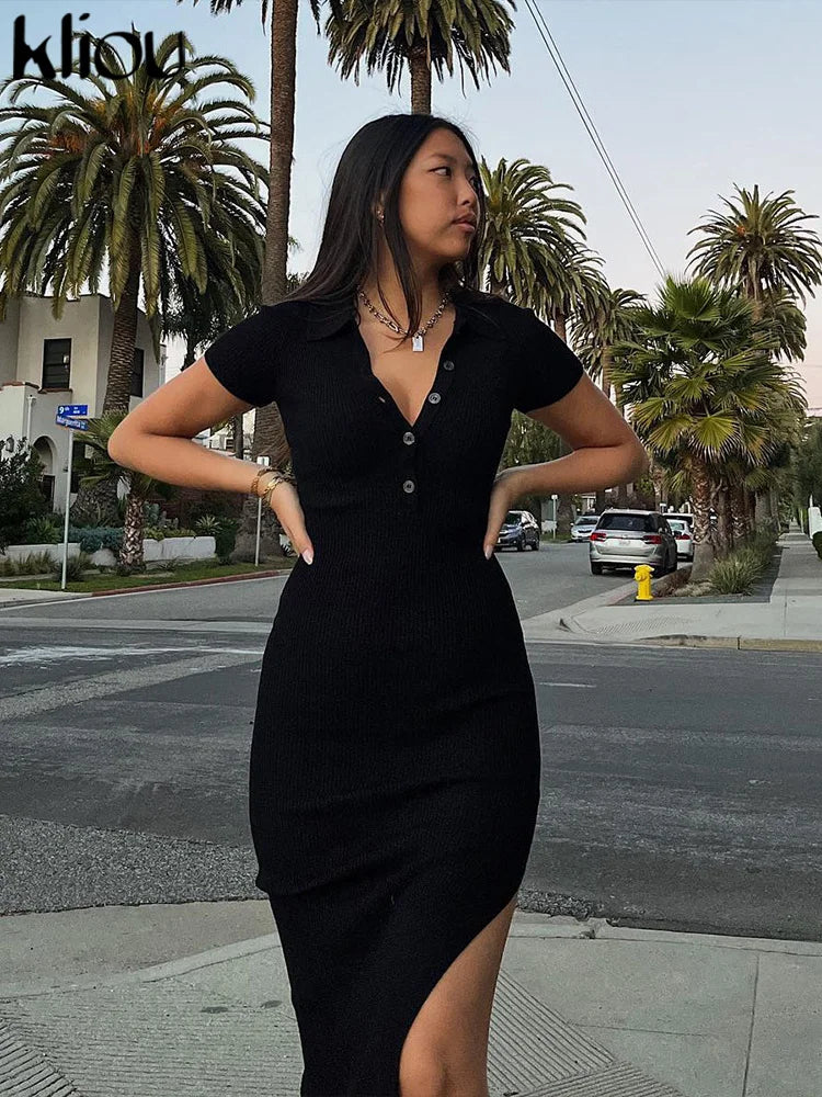 Kliou Elegant Office Lady Maxi Dress Women Solid Fashion Turn-down