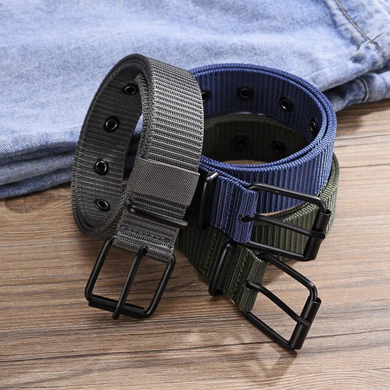 Men's Belt Porous Canvas Pin Buckle Leather Belt Outdoor Sports Belt