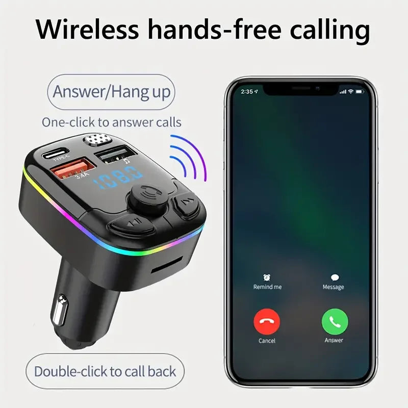 1pc Bluetooth 5.0 Car FM Transmitter PD Type-C Dual USB Ambient Player