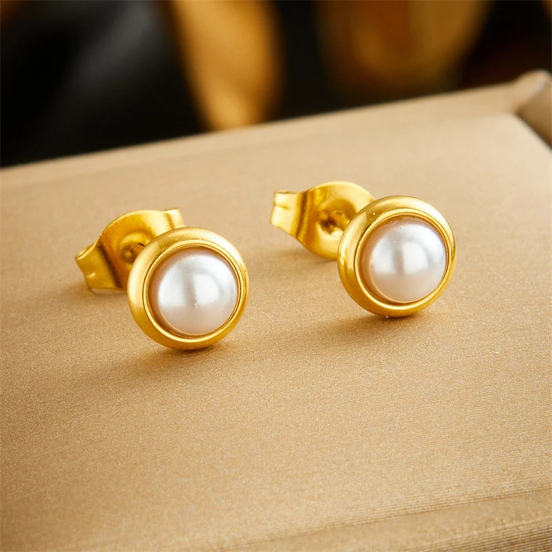 DIEYURO 316L Stainless Steel Round White Pearl Necklace Bracelet