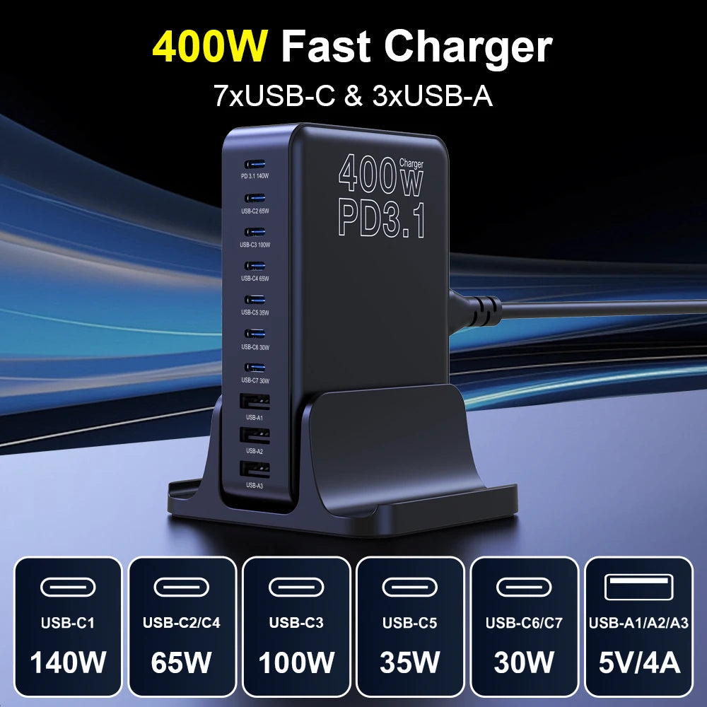 UHOMEBUY 400W USB C Charger 10-Ports GaN Charging Station 140W Max