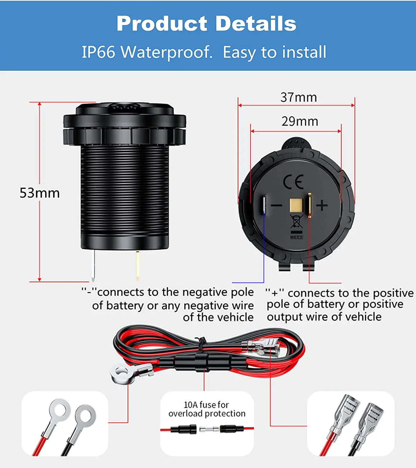 12V cigarette lighter socket waterproof socket replacement DIY kit is