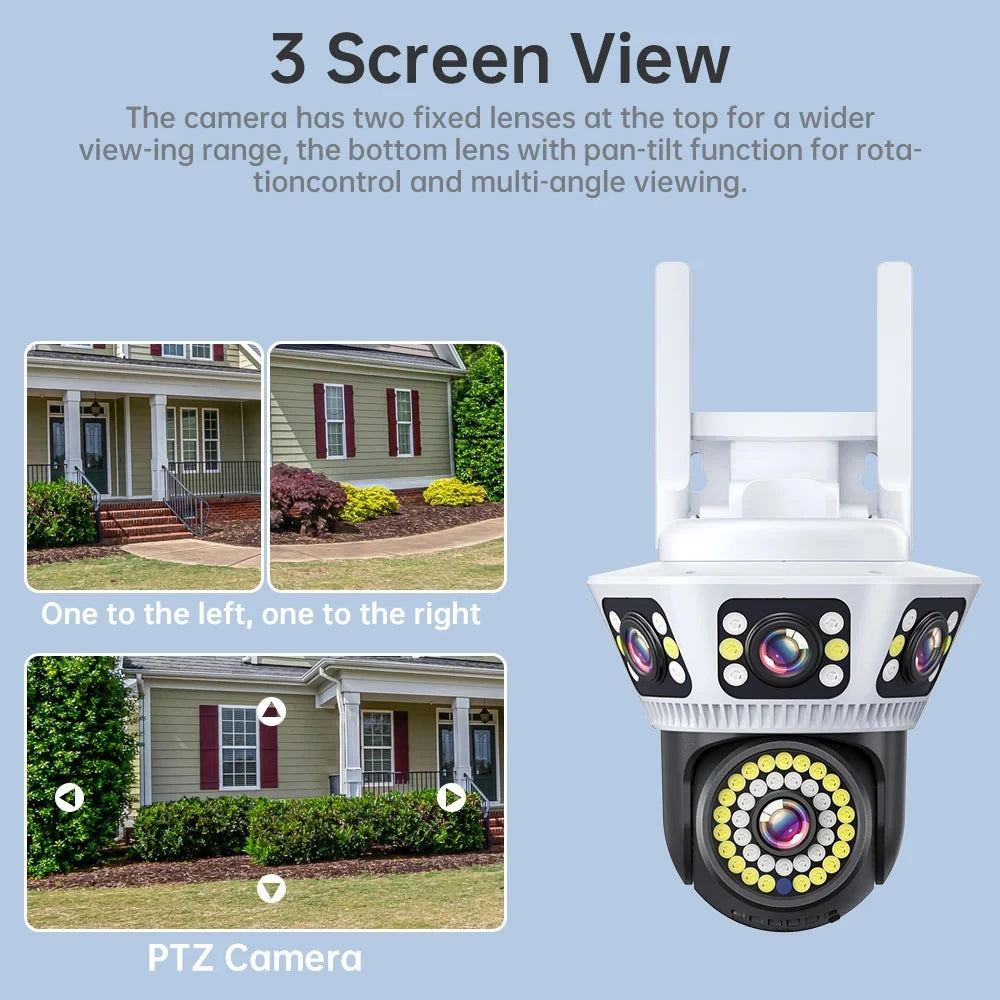 Outdoor WiFi Camera 6K Triple Screen Security Camera Two-Way Audio
